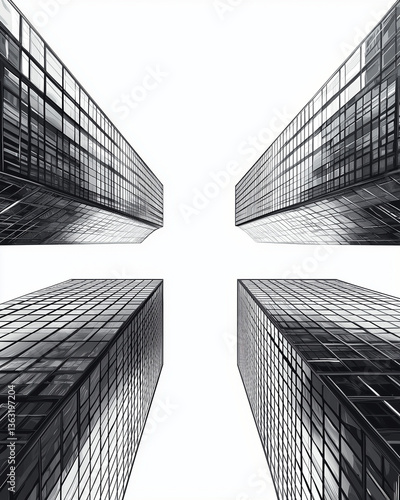 Obraz na płótnie Looking up at modern skyscrapers – black and white architectural graphic w salonie