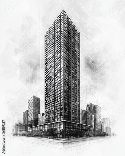 Obraz na płótnie Looking up at modern skyscrapers – black and white architectural graphic w salonie