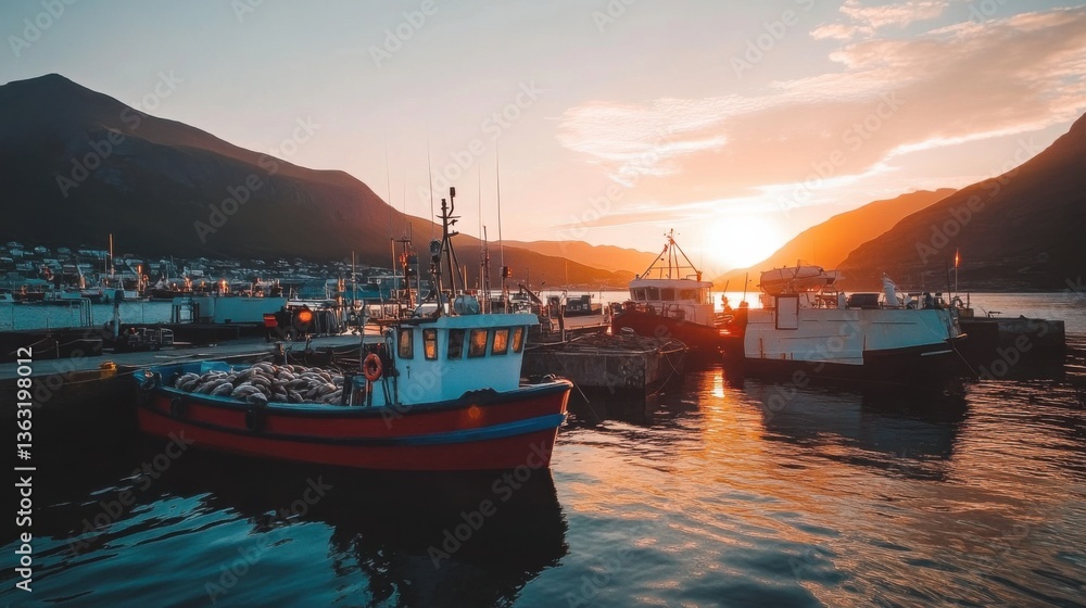 Fototapeta premium Tranquil Sunset Over Fishing Boats in Harbor with Mountain Background