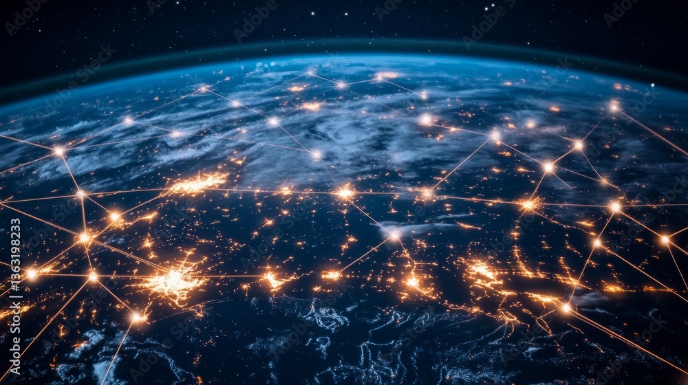 Obraz premium Glowing financial network connecting different cities, global economy and business growth generative ai