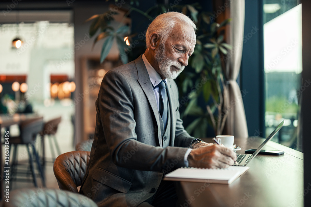 Senior Businessman Working with Laptop and Notes in Modern Café Senior Businessman Working with Laptop and Notes in Modern Café