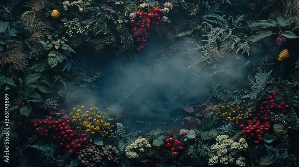 Obraz premium Verdant foliage encircles a misty pool, evoking nature's mystique