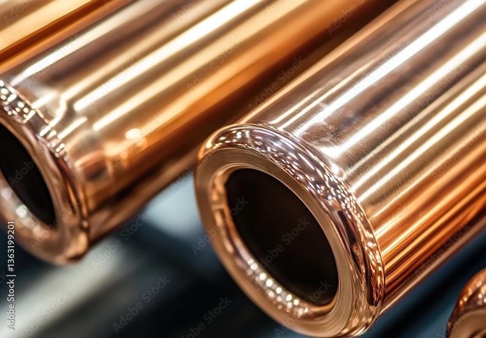 Naklejka premium Close-up of copper pipes with smooth reflective surfaces, metallic texture, neatly arranged in uniform rows, background of similar pipes, bright lighting emphasizing quality.