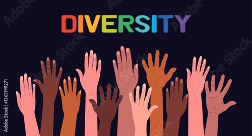 Group of multiracial hands raised up. Cultural diversity, racial equality. Multicultural society. Hand drawn vector vector illustration isolated on black background. Modern flat cartoon style.