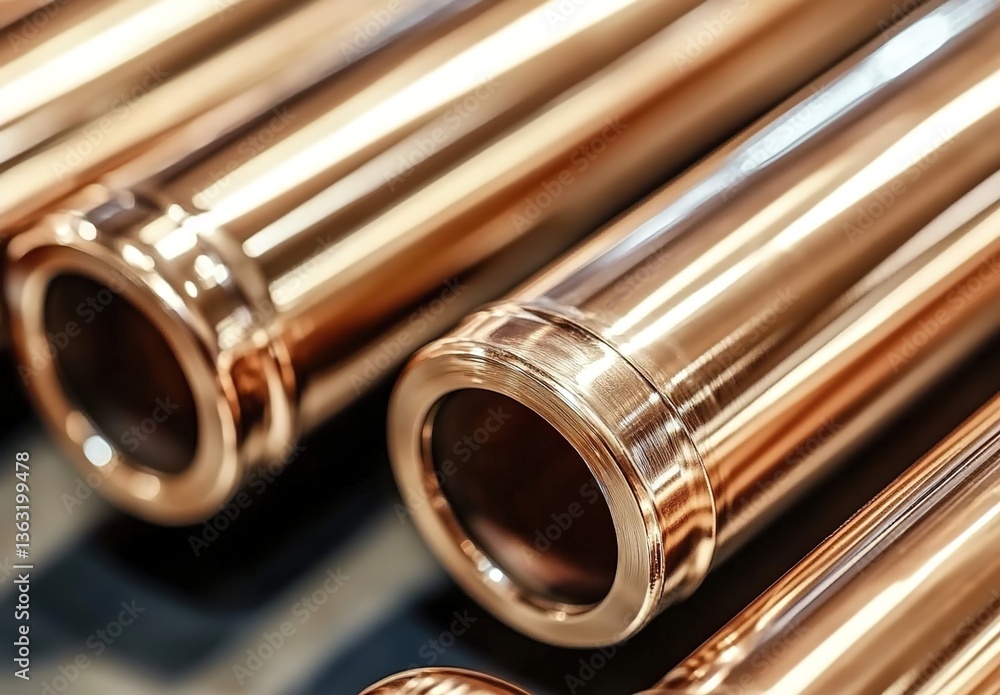 Naklejka premium Close-up of copper pipes with smooth reflective surfaces, metallic texture, neatly arranged in uniform rows, background of similar pipes, bright lighting emphasizing quality.