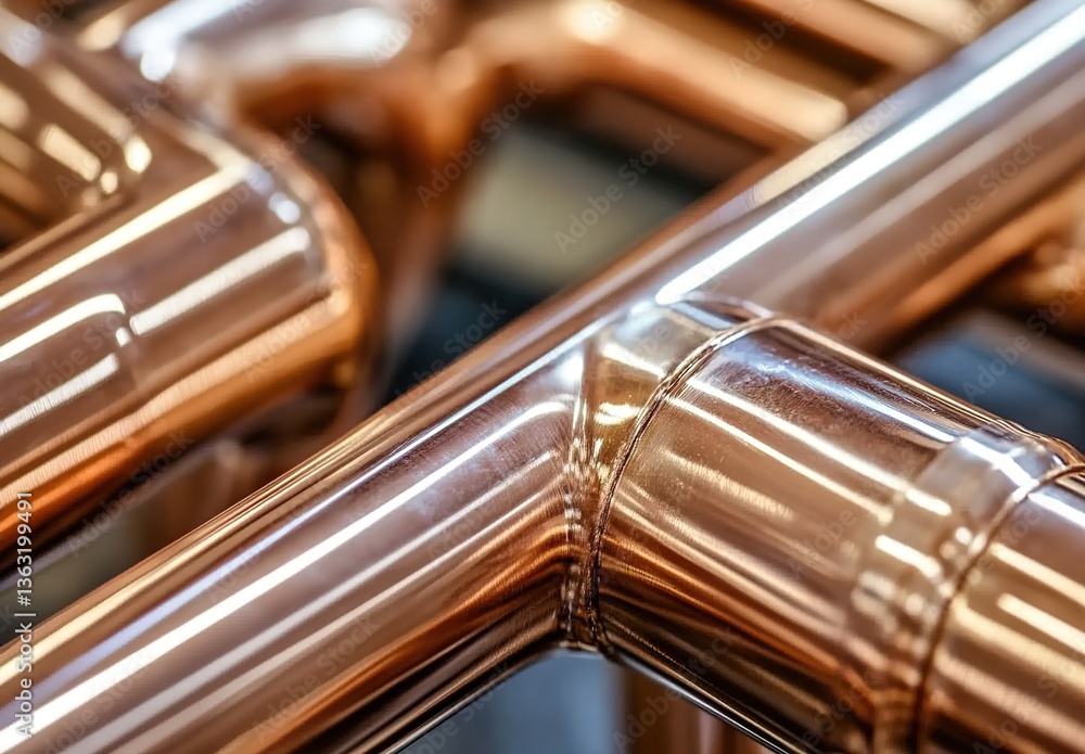 Naklejka premium Close-up of copper pipes with smooth reflective surfaces, metallic texture, neatly arranged in uniform rows, background of similar pipes, bright lighting emphasizing quality.