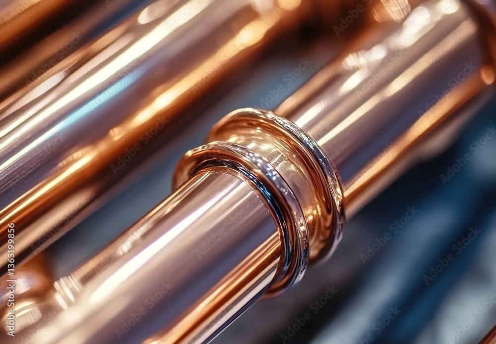 Naklejka premium Close-up of copper pipes with smooth reflective surfaces, metallic texture, neatly arranged in uniform rows, background of similar pipes, bright lighting emphasizing quality.