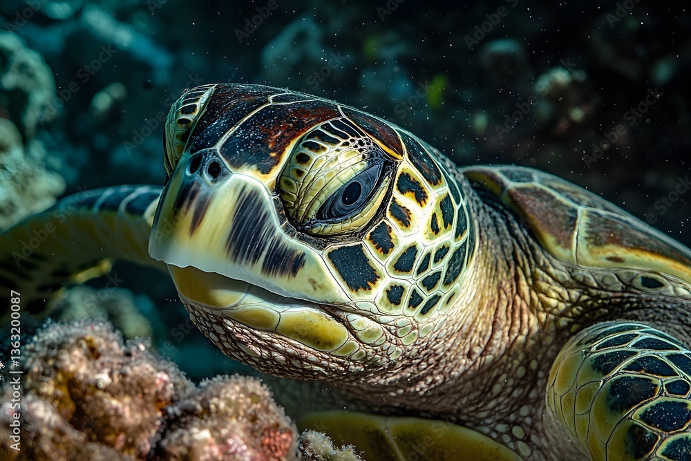 sea turtle close-up macro underwater marine life in the ocean, showcasing intricate shell texture and natural beauty of exotic reptile sea turtle close-up macro underwater marine life in the ocean, showcasing intricate shell texture and natural beauty of exotic reptile