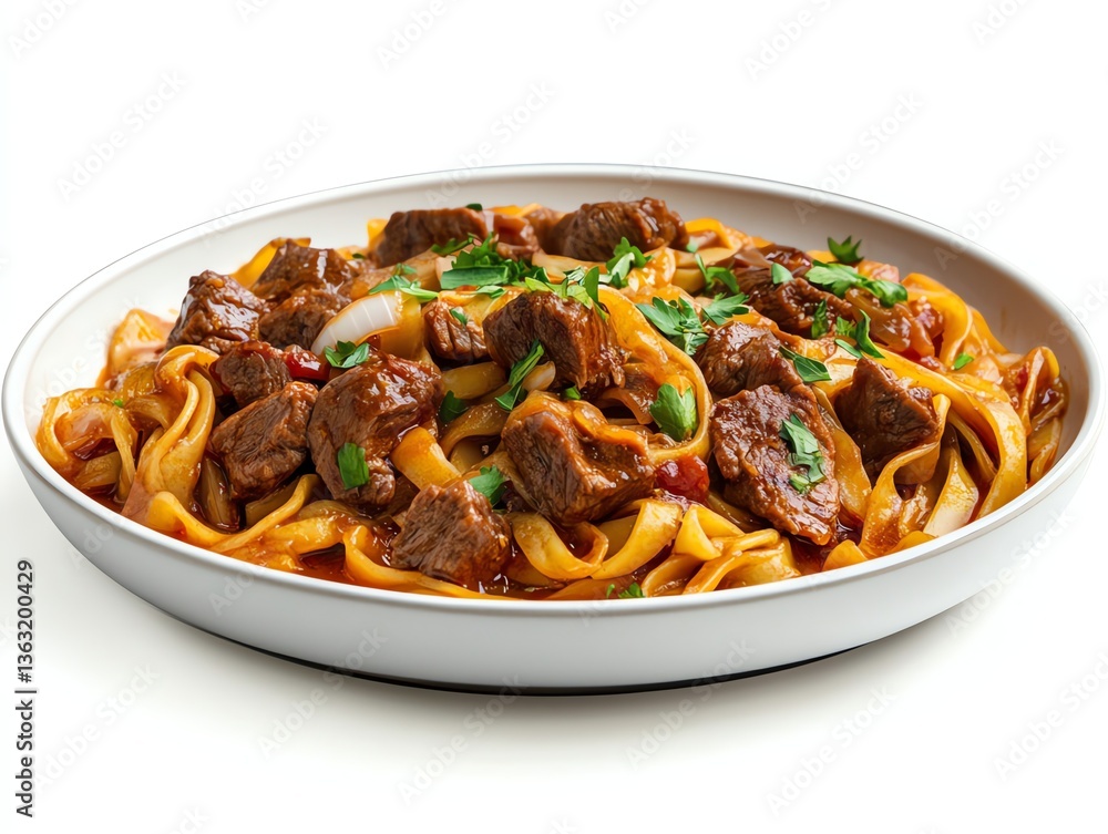 Delicious Beef Stroganoff Pasta Dish with Fresh Parsley Garnish in Bowl Delicious Beef Stroganoff Pasta Dish with Fresh Parsley Garnish in Bowl