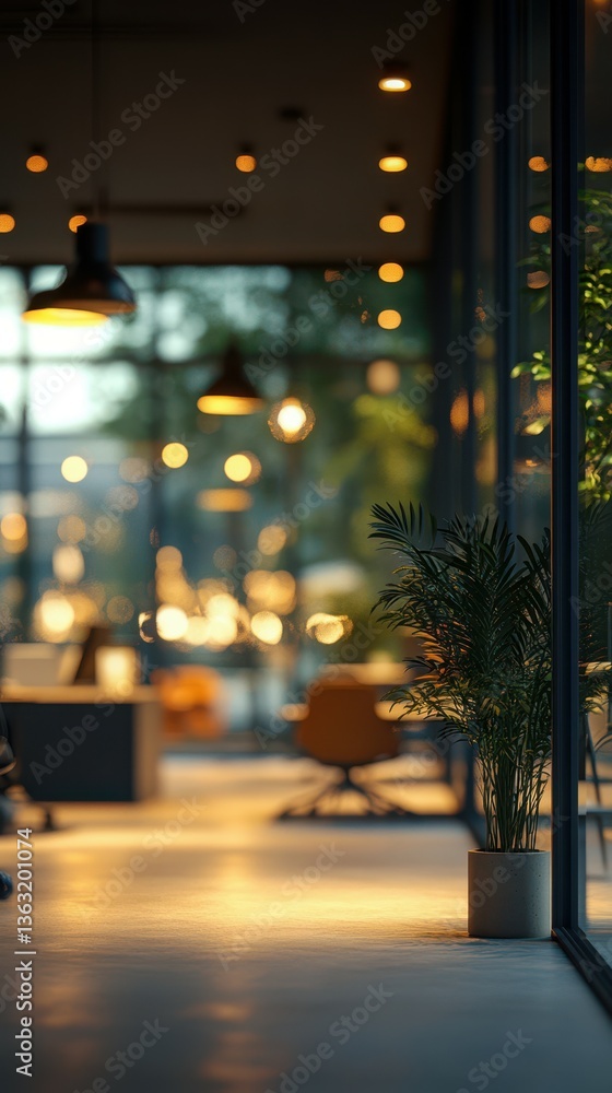 Modern interior of a cozy cafe with ambient lighting and a view of the street at dusk, highlighting decorative plants Modern interior of a cozy cafe with ambient lighting and a view of the street at dusk, highlighting decorative plants