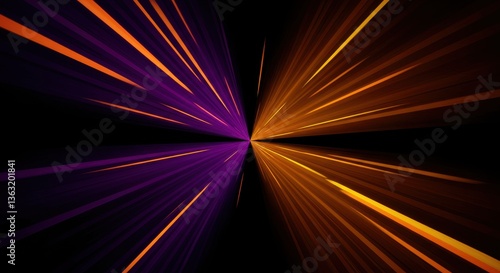 Abstract burst of vibrant purple and orange light rays converging at center
