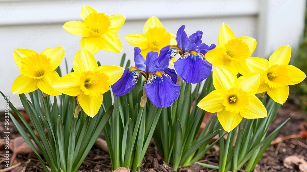 Vibrant Yellow Daffodils and Purple Irises Blooming in a Lush Spring Garden Vibrant Yellow Daffodils and Purple Irises Blooming in a Lush Spring Garden