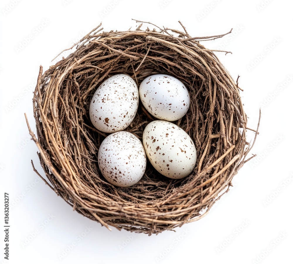 Four Speckled Eggs in a Nest on White Background Top View Four Speckled Eggs in a Nest on White Background Top View