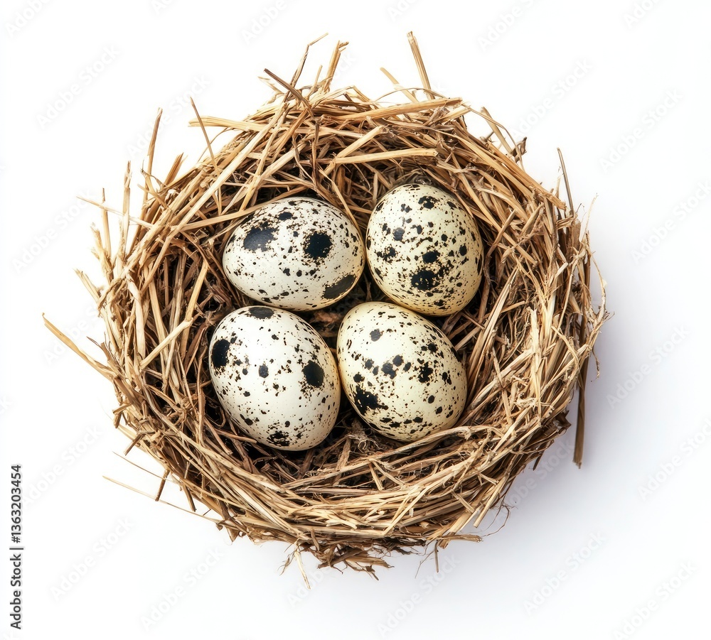 Four Speckled Eggs Nestled in a Straw Nest Top View Four Speckled Eggs Nestled in a Straw Nest Top View