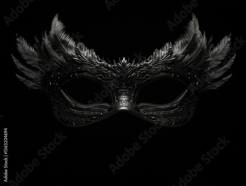 Black feather masquerade mask with ornate detailing on dark background