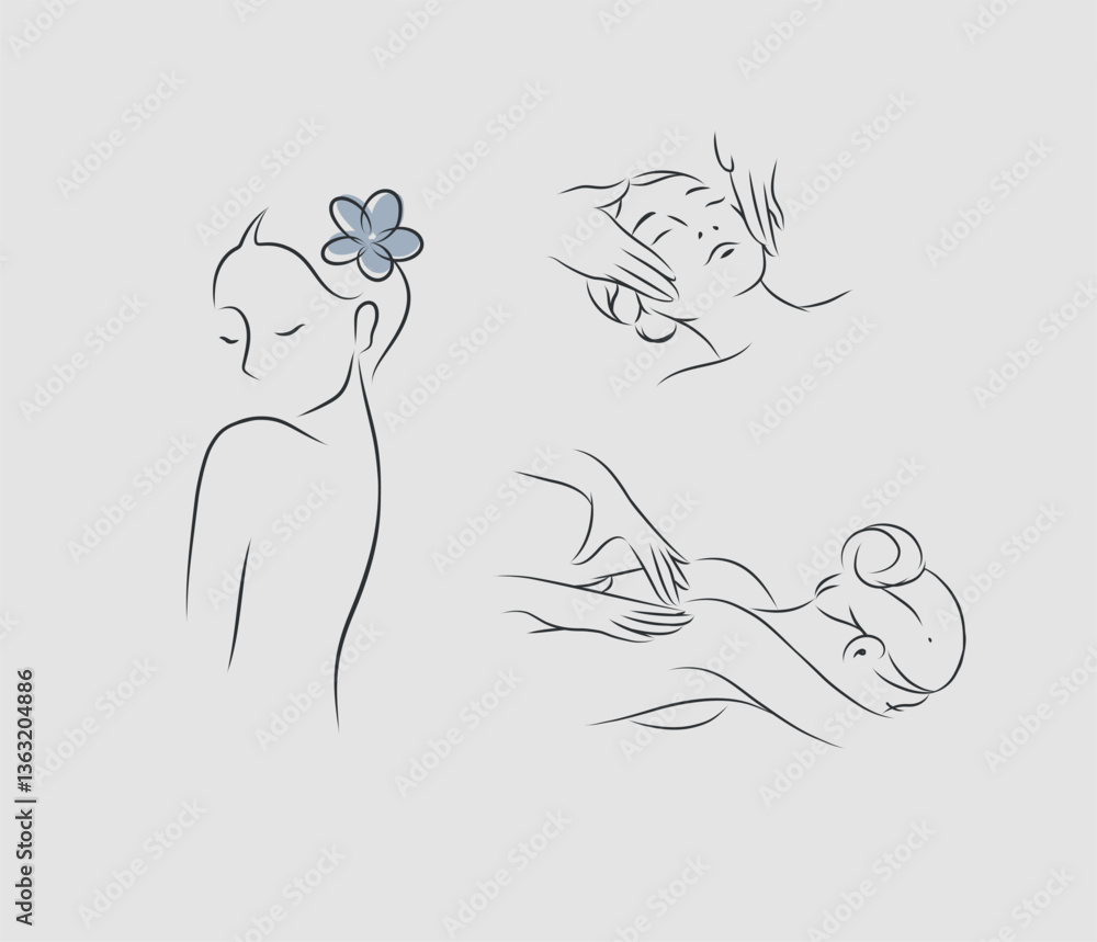 Woman silhouette on back and face massage drawing in minimalist style on grey color background