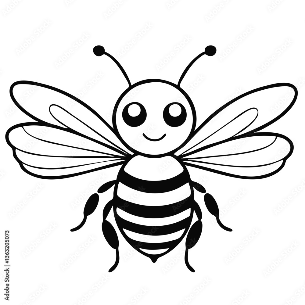 Vector Illustration of a Bee with Striped Body, Wings, Antennae, and Stinger in Simple Flat Style Vector Illustration of a Bee with Striped Body, Wings, Antennae, and Stinger in Simple Flat Style