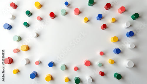 Colorful circular objects arranged on a white background