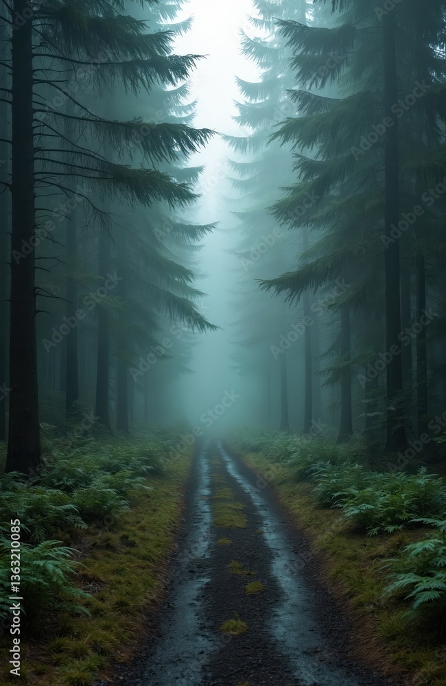 Obraz premium Mystical illustration of foggy forest path. Trees, green foliage, create mysterious atmosphere. Trail leads into the unknown, perfect for travel, adventure, nature, outdoor projects.