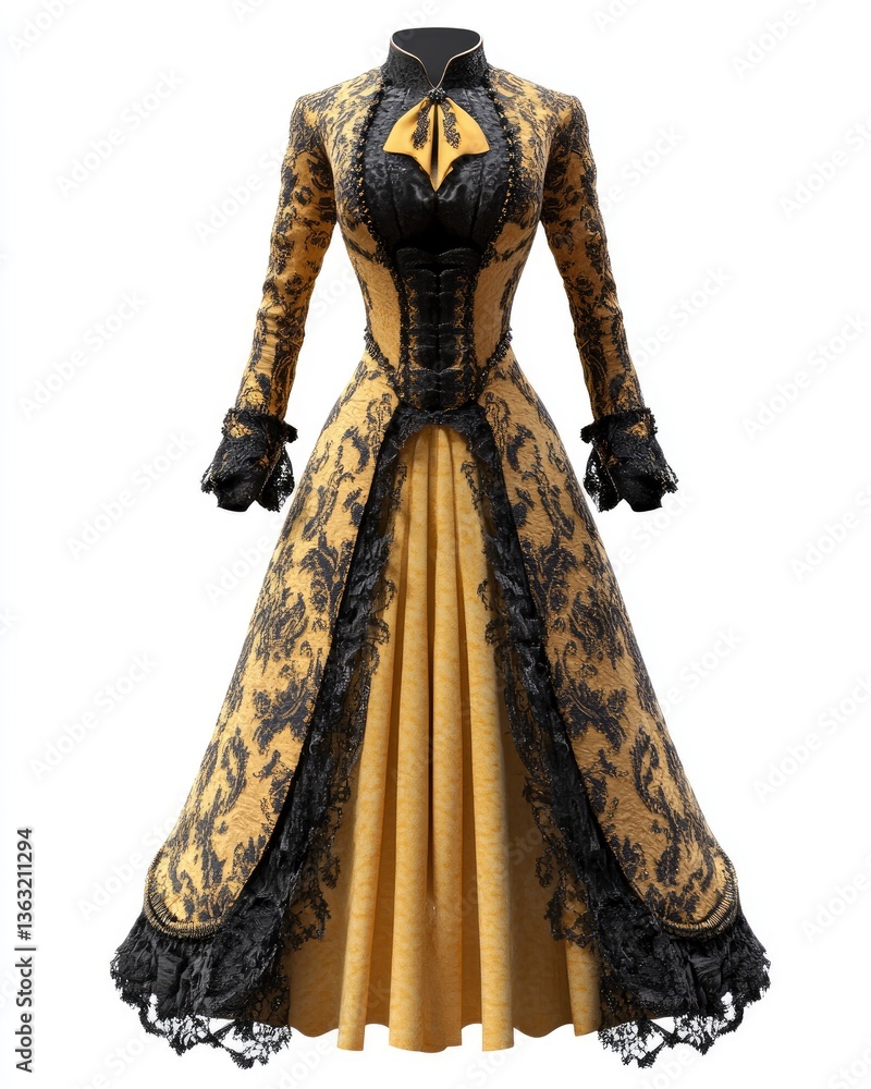 Obraz premium Elegant Yellow and Black Dress with Lace Victorian Inspired Design