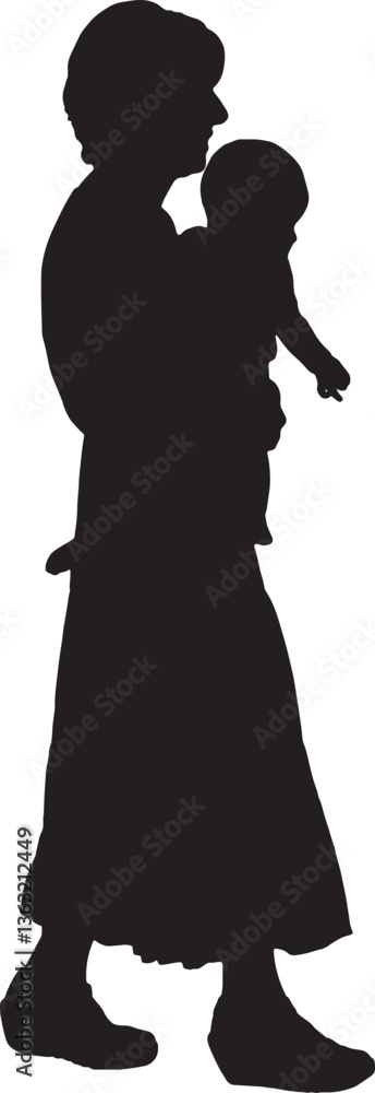 vector; silhouette side view of a mother carrying her baby walking vector; silhouette side view of a mother carrying her baby walking