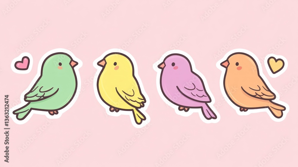 Four colorful birds with hearts on a light pink background. Design element Four colorful birds with hearts on a light pink background. Design element