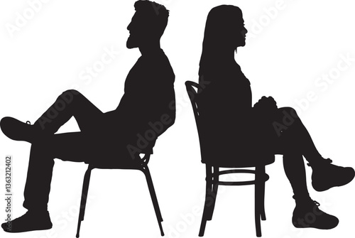 vector; silhouetteof side view of a woman and man sitting back to back