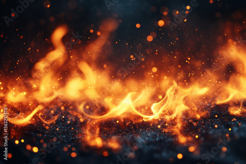 Fire flames dance fiercely against a dark background, casting a mesmerizing glow.