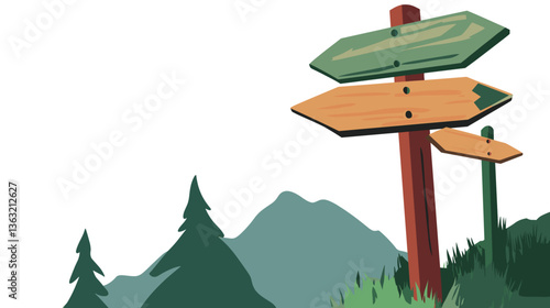 Wooden direction signs on mountain trail with forest background

