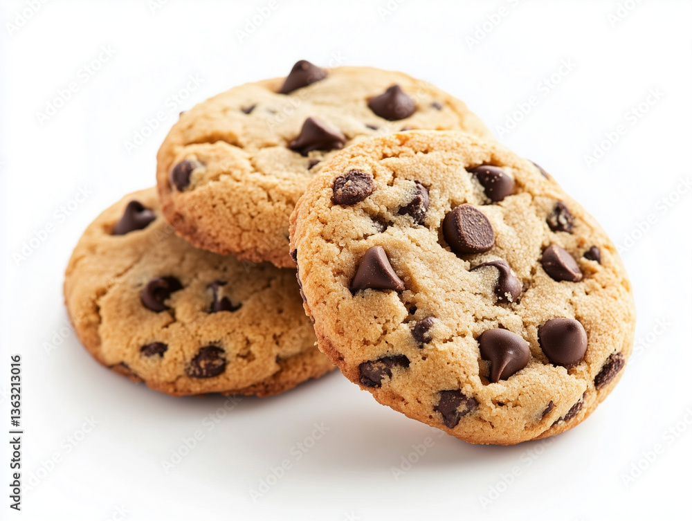 Stacked chocolate chip cookies on plain white background Stacked chocolate chip cookies on plain white background