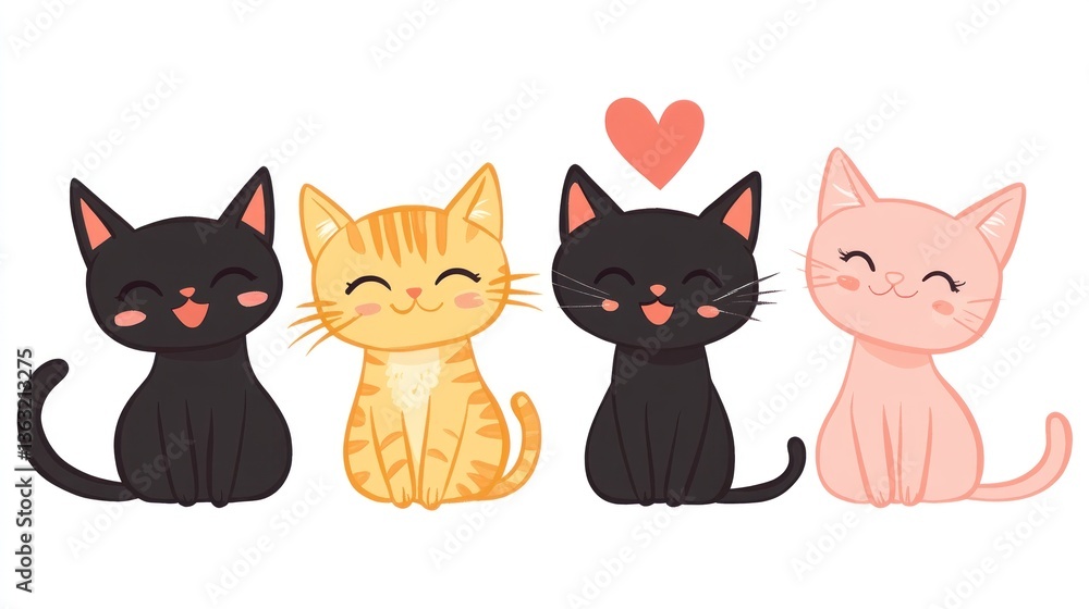 Four cute cartoon kittens, sitting together, hearts, white background, for kids' books Four cute cartoon kittens, sitting together, hearts, white background, for kids' books