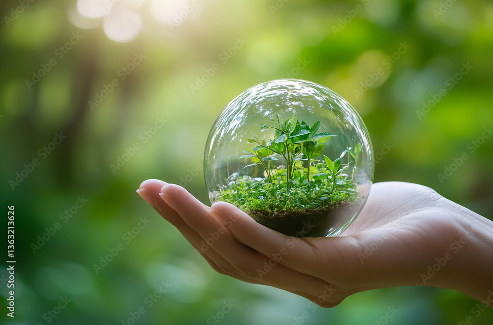 Hand holding a glass sphere with a miniature garden inside, symbolizing environmental protection and sustainability for World Wildlife Day Hand holding a glass sphere with a miniature garden inside, symbolizing environmental protection and sustainability for World Wildlife Day