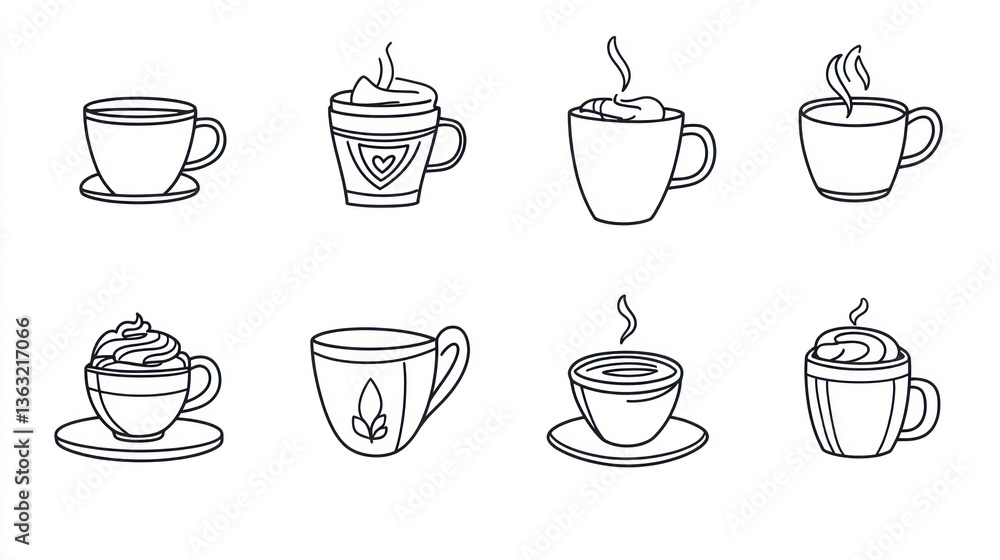 Eight hot beverage cup icons; various designs; white background; website or app design Eight hot beverage cup icons; various designs; white background; website or app design