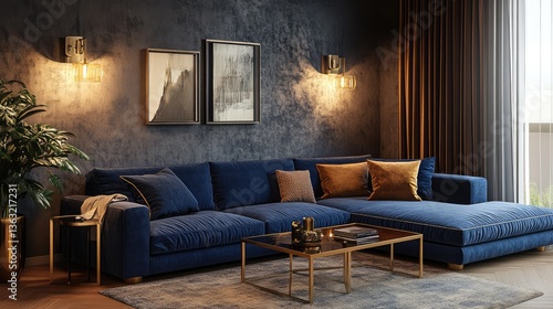 A cozy modern living room with a deep blue velvet sofa, a brass-framed coffee table, and an accent wall with textured wallpaper. The lighting is warm, creating an inviting atmosphere.