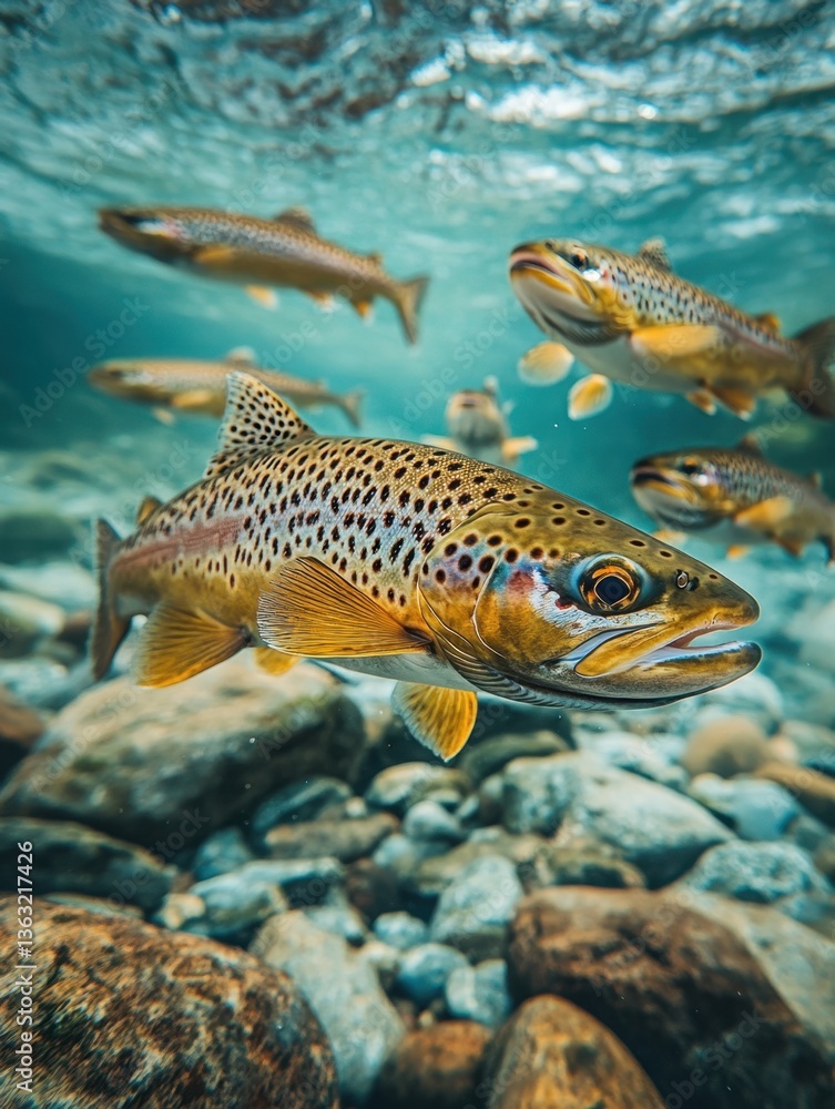 Captivating underwater view of a school of trout swimming in a clear river with rocky bottom and natural light creating a tranquil scene Captivating underwater view of a school of trout swimming in a clear river with rocky bottom and natural light creating a tranquil scene