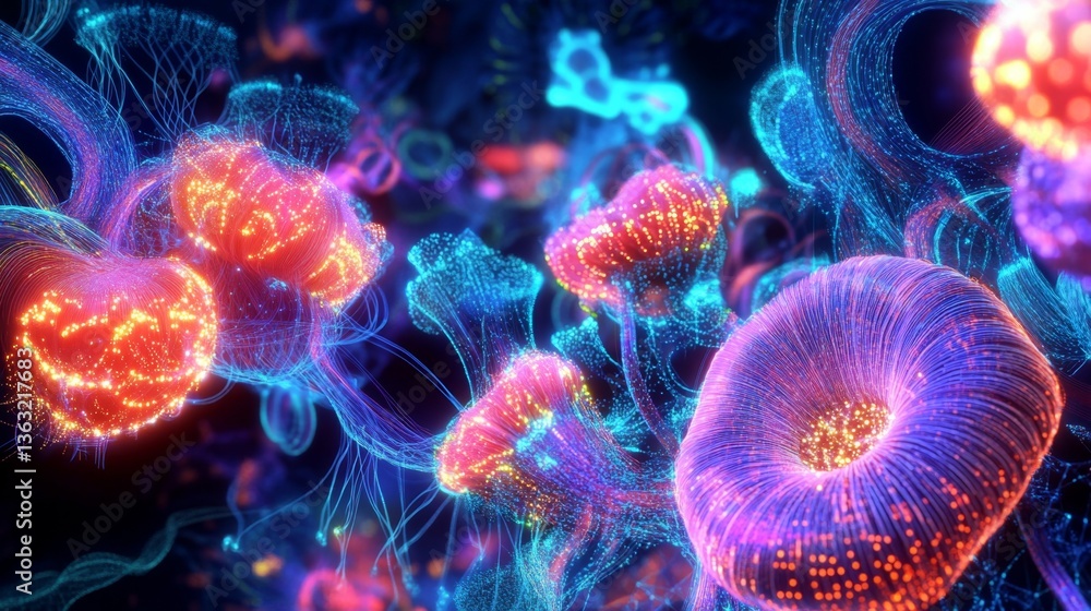 Dynamic neon jellyfish display in an underwater environment digital art vivid colors surreal perspective Dynamic neon jellyfish display in an underwater environment digital art vivid colors surreal perspective