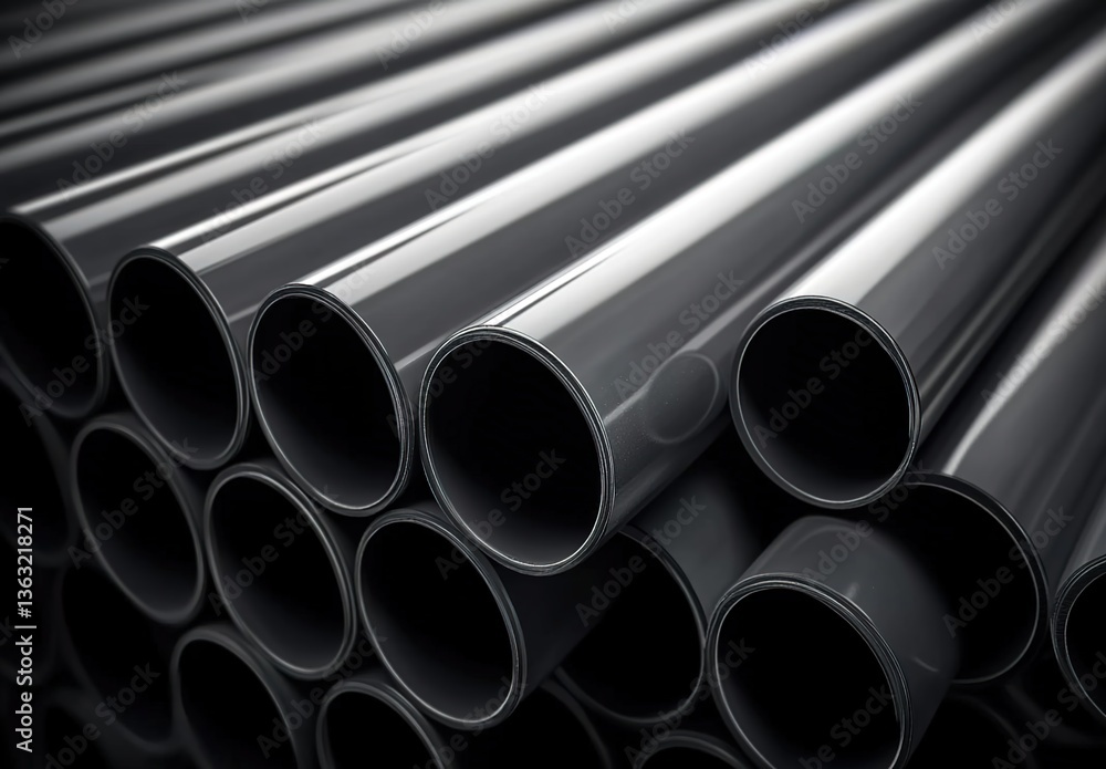 Black cylindrical metal pipes arranged neatly with dramatic light-shadow contrast, modern industrial aesthetic, sleek metallic finish, precision engineering. Black cylindrical metal pipes arranged neatly with dramatic light-shadow contrast, modern industrial aesthetic, sleek metallic finish, precision engineering.