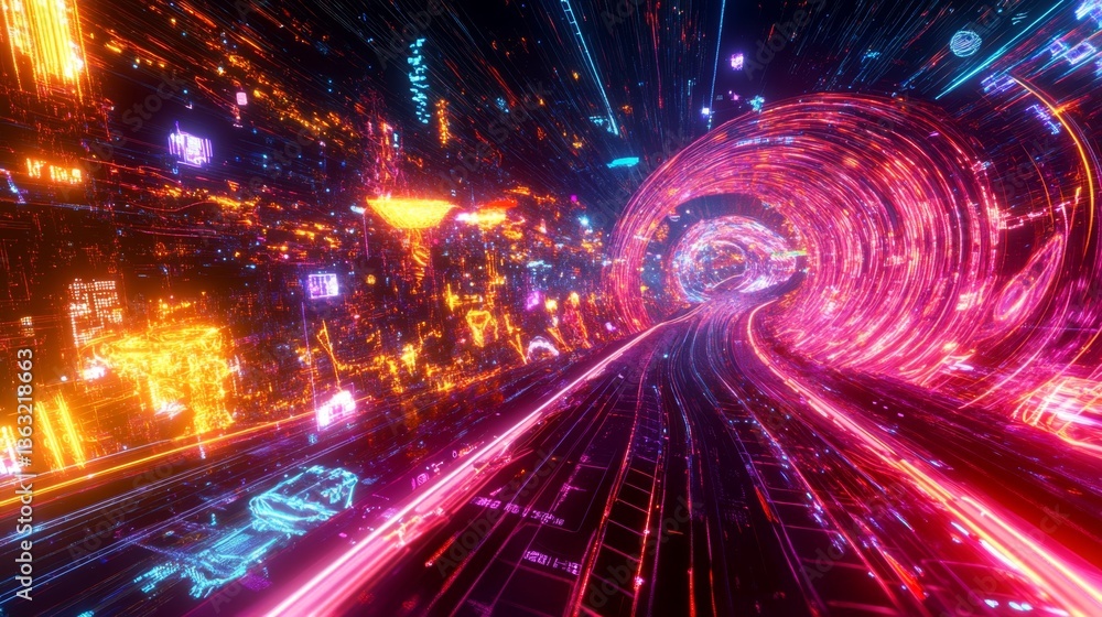 Futuristic journey through a neon tunnel digital cityscape 3d animation sci-fi environment dynamic perspective Futuristic journey through a neon tunnel digital cityscape 3d animation sci-fi environment dynamic perspective