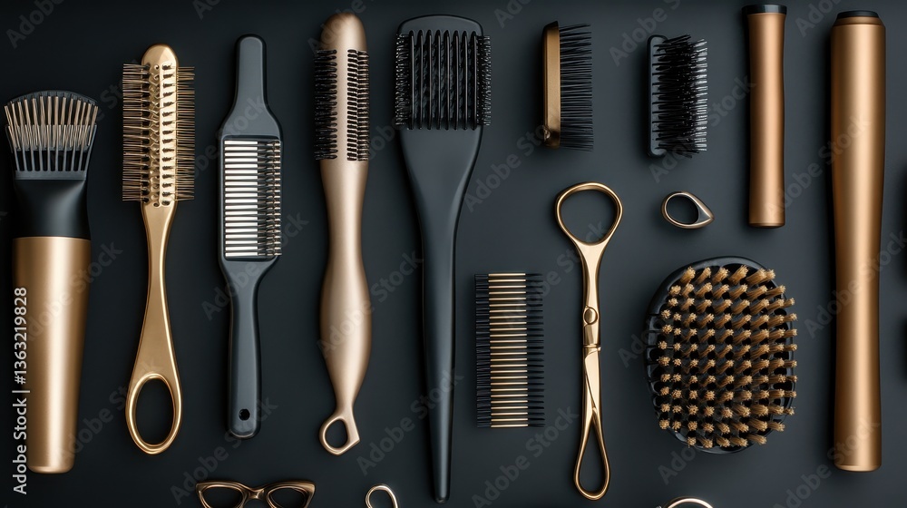 A high-quality flat lay of professional hairstyling tools, including scissors, curling irons, hairdryers, brushes, and combs, neatly arranged on a sleek black countertop. A high-quality flat lay of professional hairstyling tools, including scissors, curling irons, hairdryers, brushes, and combs, neatly arranged on a sleek black countertop.