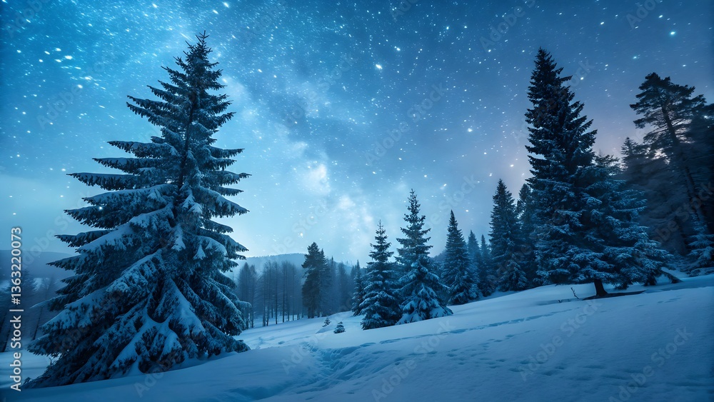 Fototapeta premium Snowy Winter Night Scene with Starry Sky in Forest