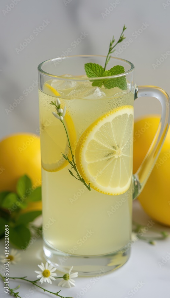 Fototapeta premium Refreshing Lemonade with Mint and Lemon Slices on a Light Background 