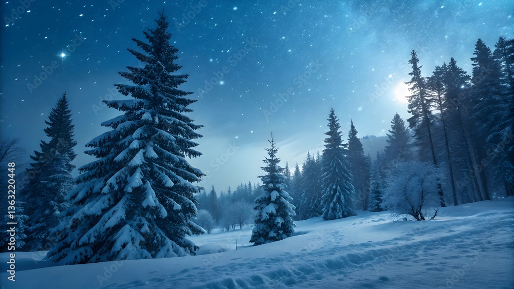 Naklejka premium Snowy Winter Night Scene with Starry Sky in Forest
