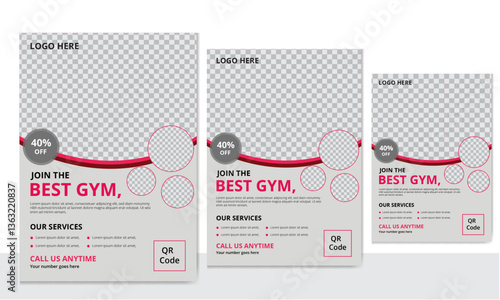 Flyer template design set for gym and fitness. Vector design with place for photo. Gym Fitness Flyer Template Design. vector, fitness body building and gym flyer A4 size template
