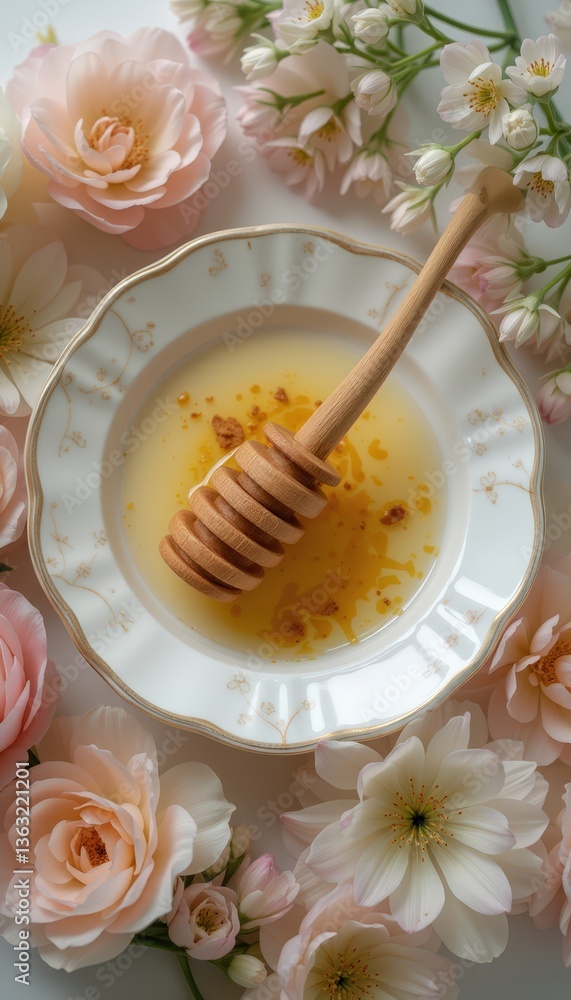 Fototapeta premium Honey drizzler resting in honey surrounded by soft pink flowers 