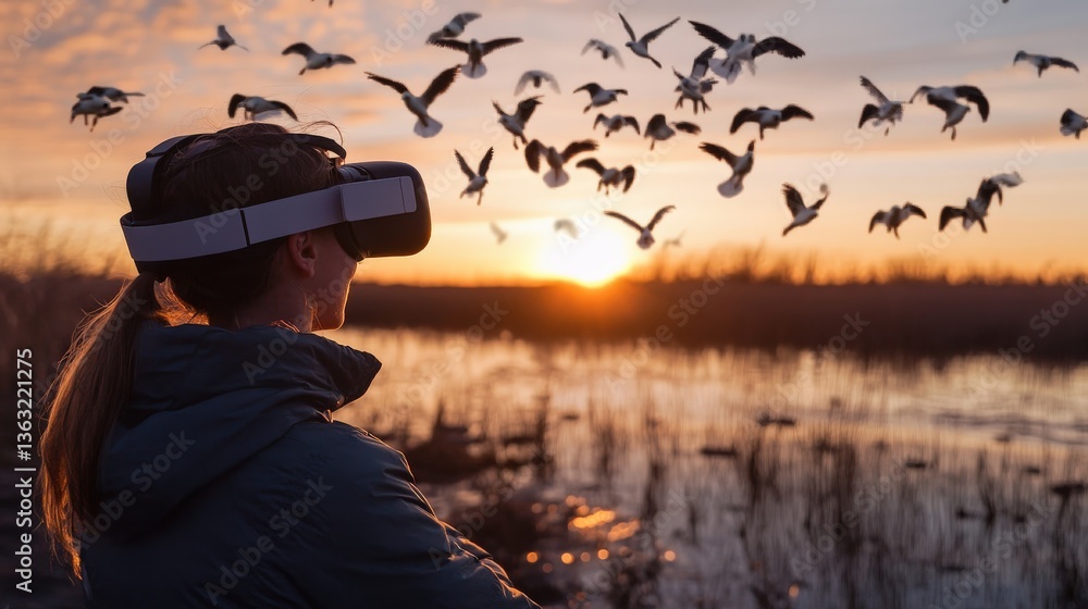 Obraz premium A person wearing vr glasses watching birds flying at sunset
