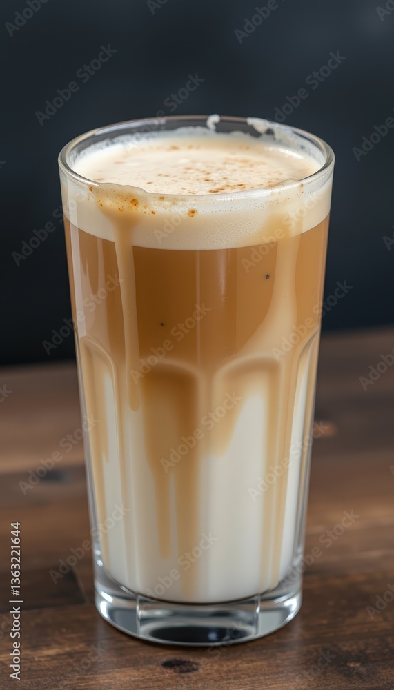 Iced latte beverage in a clear glass on wooden table Iced latte beverage in a clear glass on wooden table