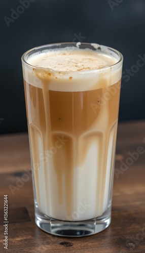 Iced latte beverage in a clear glass on wooden table  
