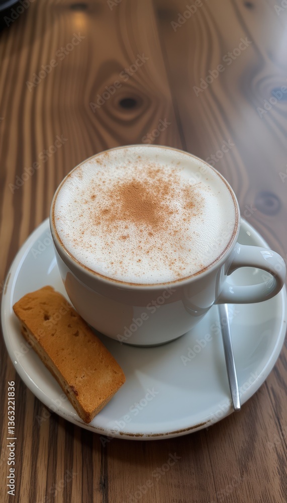 Coffee with cinnamon topping and biscuit on wooden table Coffee with cinnamon topping and biscuit on wooden table