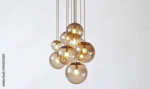 A hanging light fixture with a variety of colored glass globes