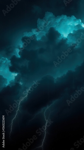 Black dark greenish blue dramatic night sky. Gloomy ominous storm rain clouds background. Cloudy thunderstorm hurricane wind lightning. Epic fantasy mystic. Or creepy spooky nightmare horror concept.